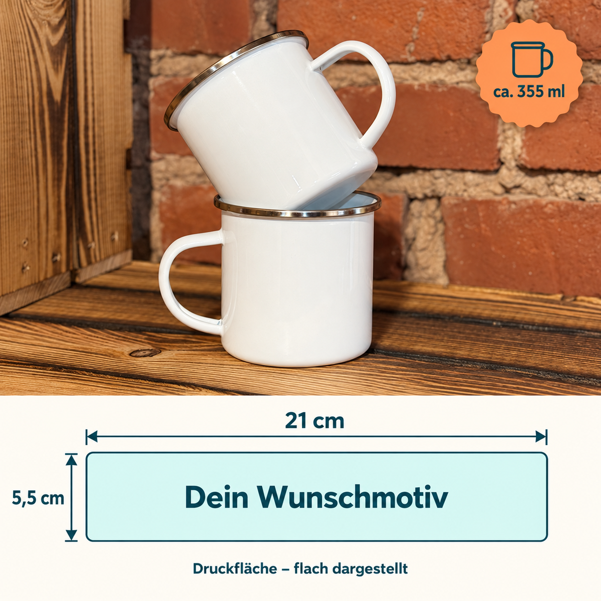 Emailletasse mit Edelstahlrand – ca. 355 ml – abgewickelte Druckfläche 21 × 5,5 cm