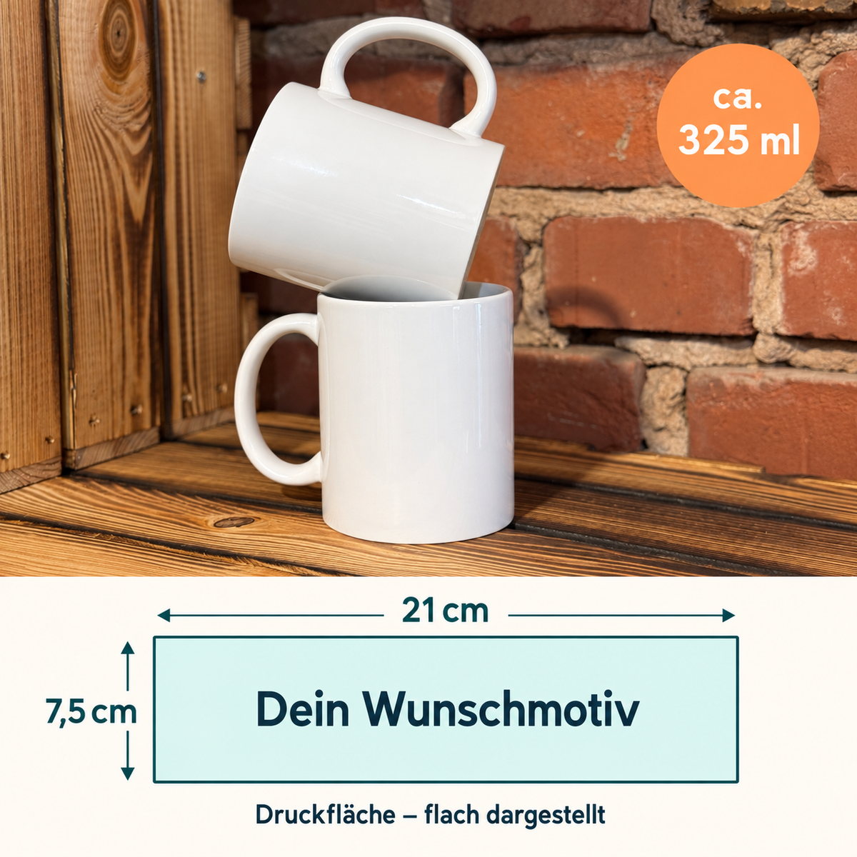 Keramiktasse ca. 325 ml – Dein Wunschmotiv auf 21 × 7,5 cm Druckfläche