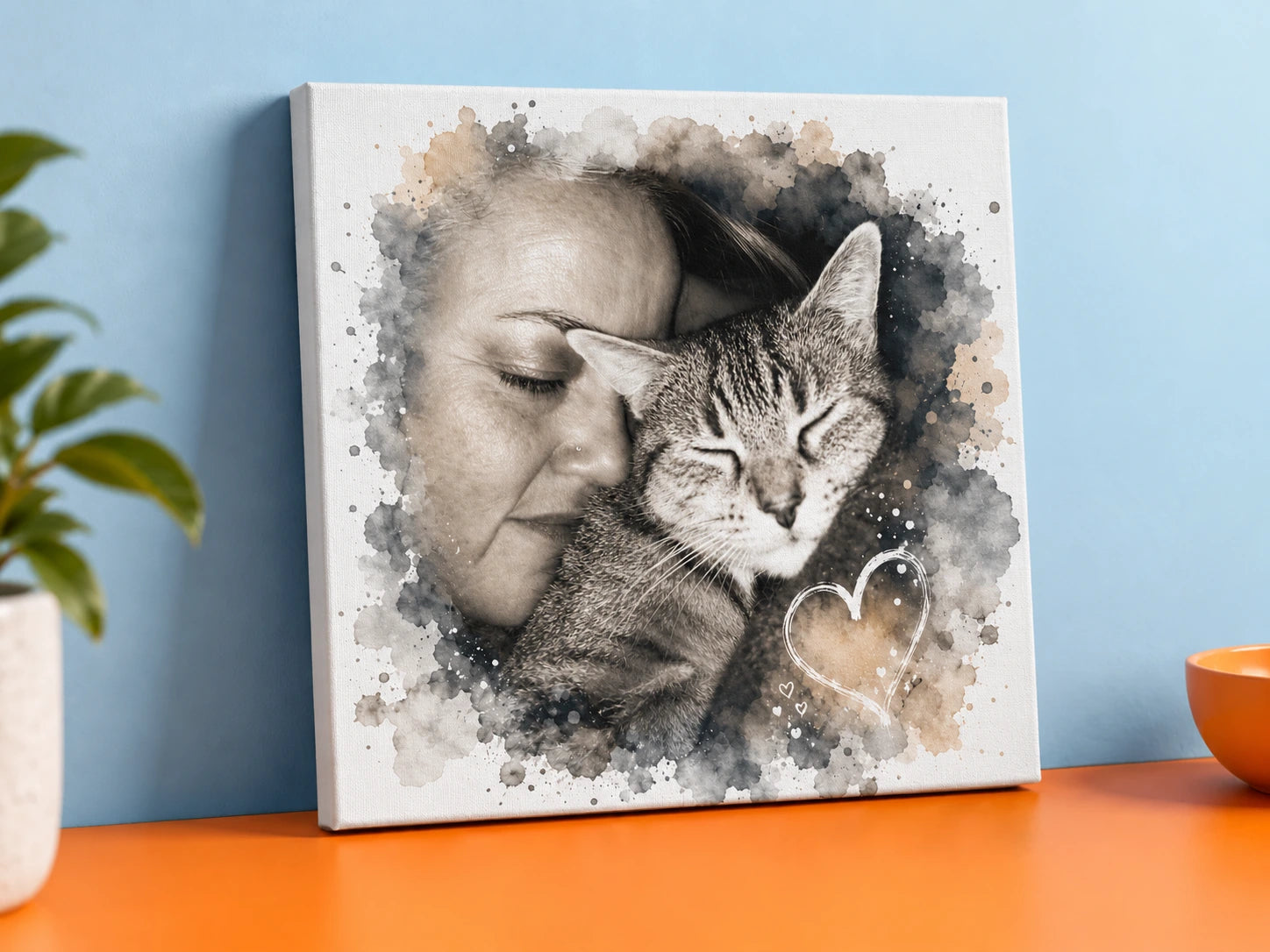 Eigene Druckarbeit von Druckfreude24: Fotomotiv einer Frau mit ihrer Katze, mit Aquarellrand und Herzen